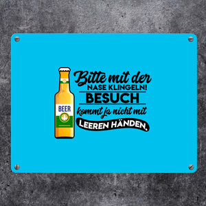 Bitte mit der Nase klingeln Metallschild in 15x20 cm in braun mit Biermotiv