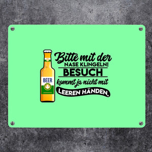 Bitte mit der Nase klingeln Metallschild in 15x20 cm in braun mit Biermotiv