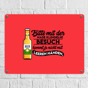 Bitte mit der Nase klingeln Metallschild in 15x20 cm in braun mit Biermotiv