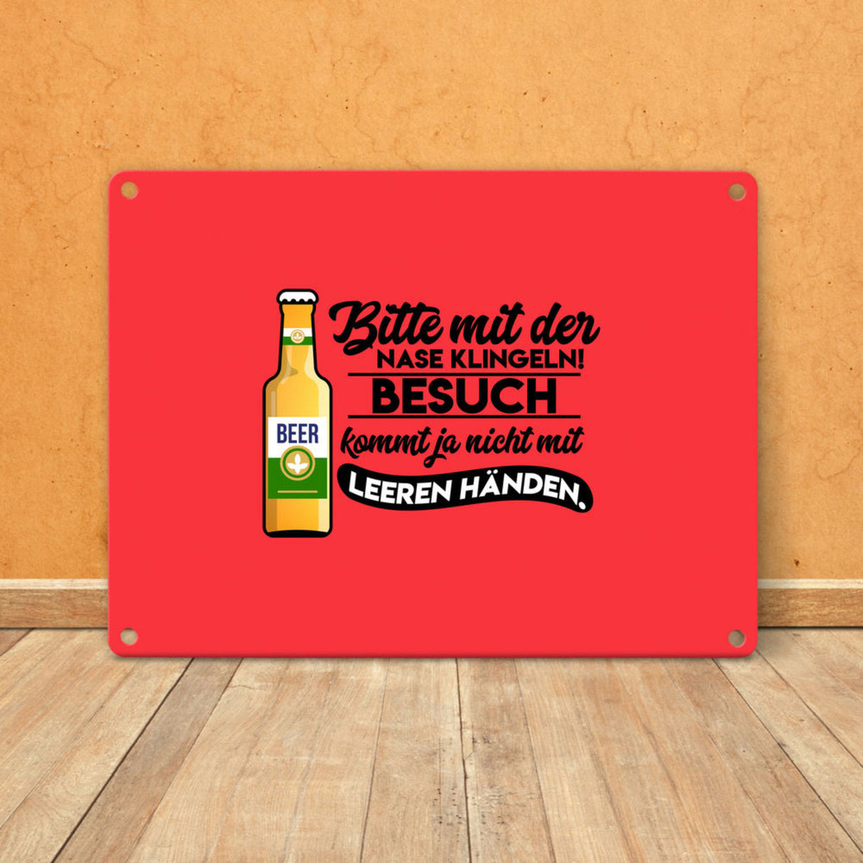Bitte mit der Nase klingeln Metallschild in 15x20 cm in braun mit Biermotiv