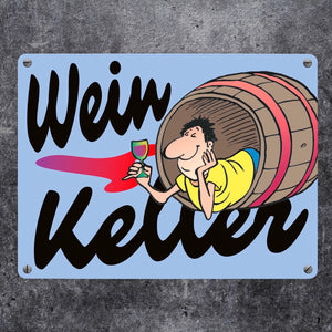 Weinkeller Metallschild in orange mit Weinfass Motiv