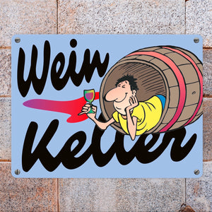 Weinkeller Metallschild in orange mit Weinfass Motiv