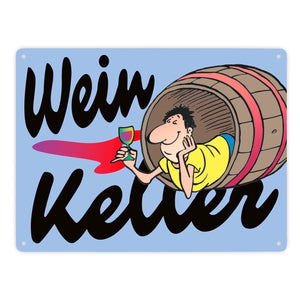 Weinkeller Metallschild in orange mit Weinfass Motiv