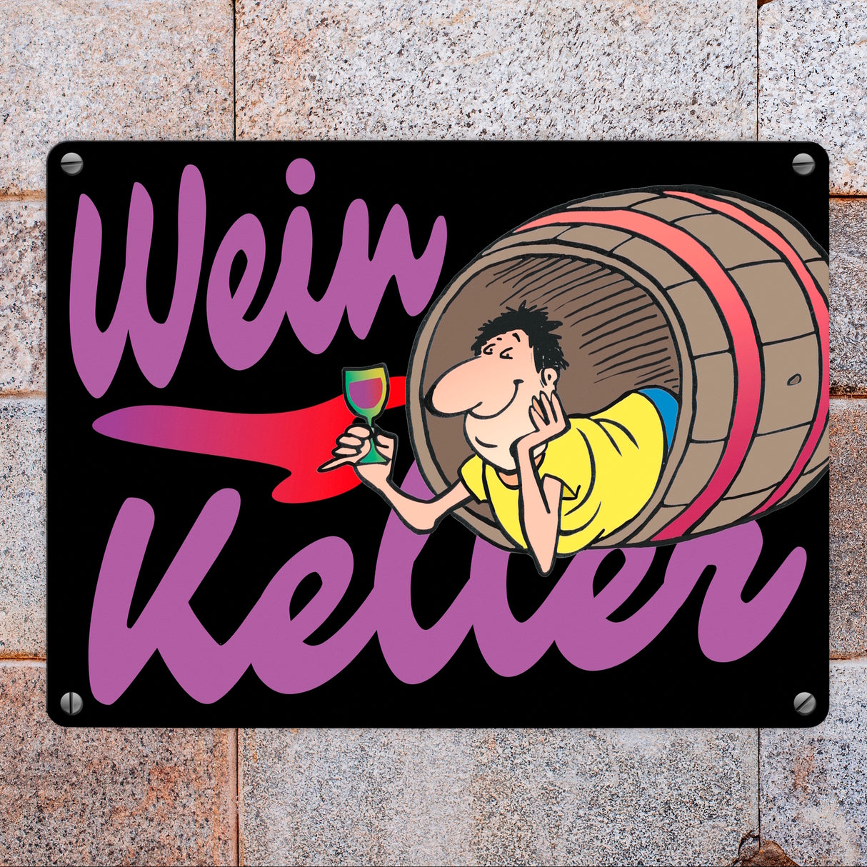 Weinkeller Metallschild in orange mit Weinfass Motiv