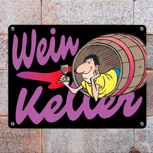 Weinkeller Metallschild in orange mit Weinfass Motiv