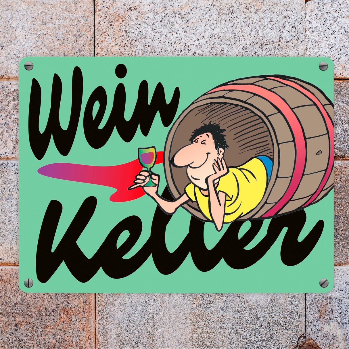 Weinkeller Metallschild in orange mit Weinfass Motiv