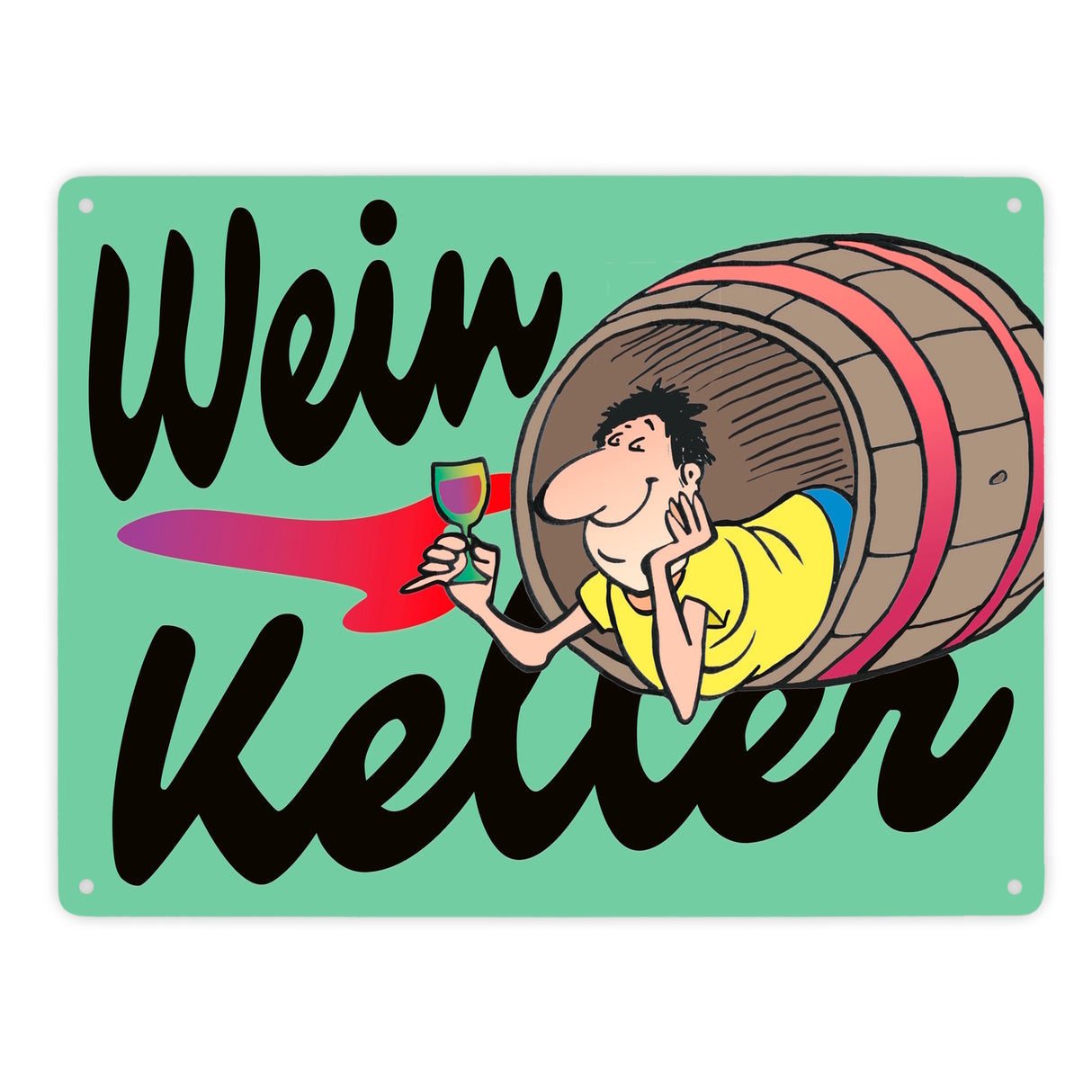 Weinkeller Metallschild in orange mit Weinfass Motiv