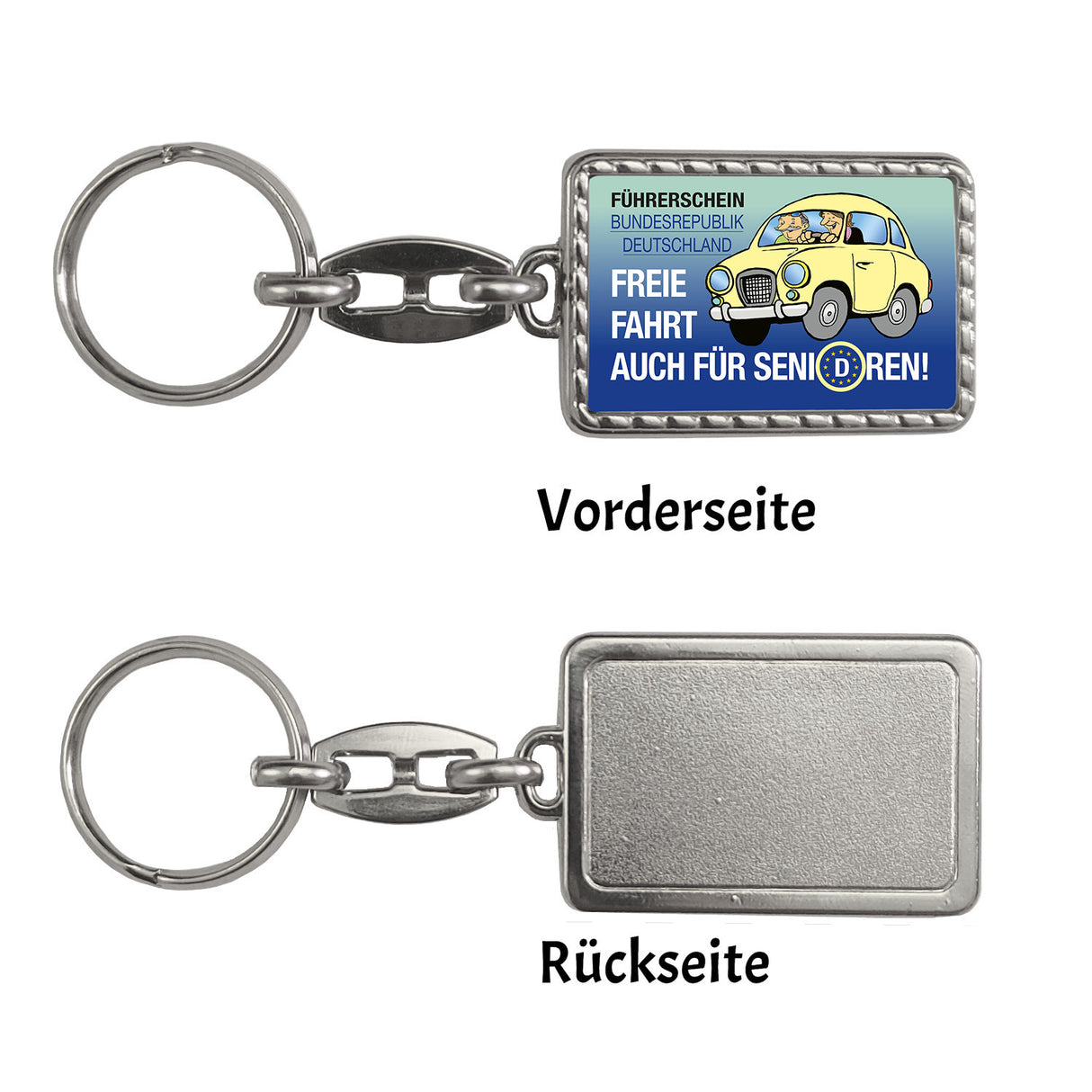 Freie Fahrt auch für Senioren Schlüsselanhänger mit Oldtimer Motiv