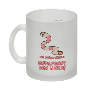 Morgenlatte Kaffeebecher mit Spruch Das frühe Vögeln entspannt den Wurm