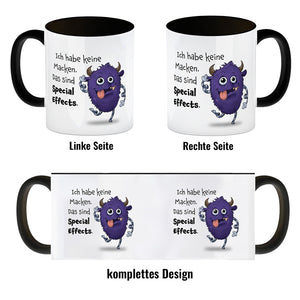 Freches Monster in lila Kaffeebecher mit lustigem Spruch