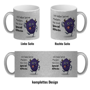 Freches Monster in lila Kaffeebecher mit lustigem Spruch