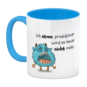 Freches Monster in hellblau Kaffeebecher mit lustigem Spruch