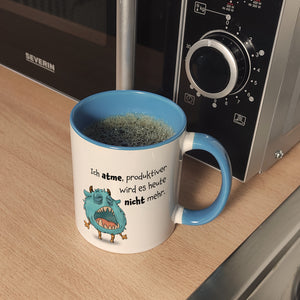 Freches Monster in hellblau Kaffeebecher mit lustigem Spruch