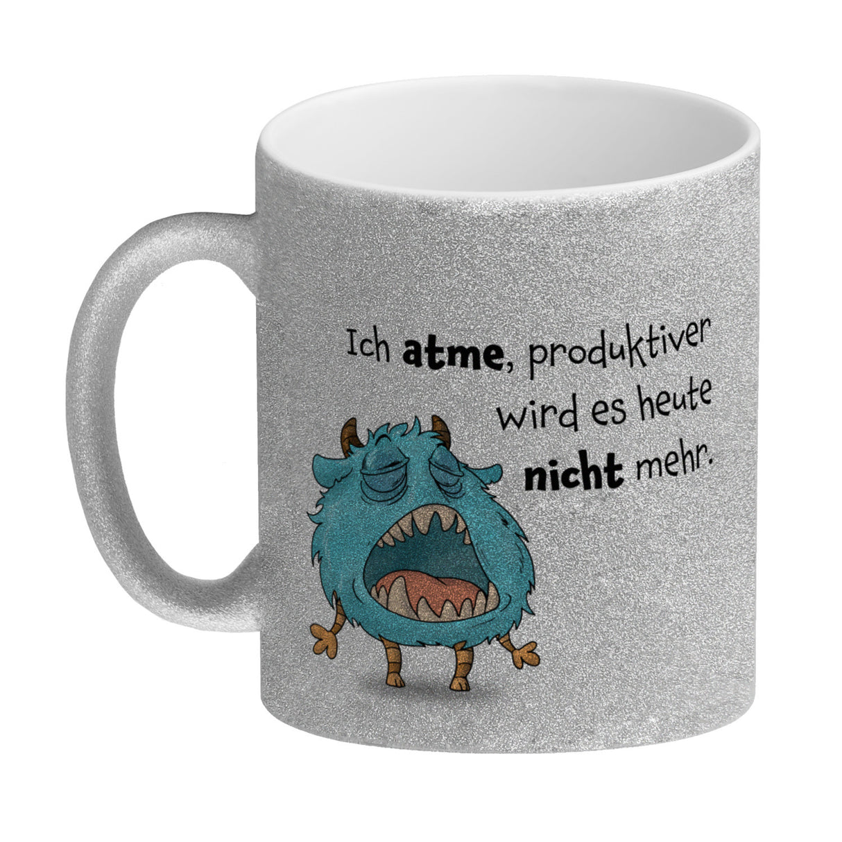 Freches Monster in hellblau Kaffeebecher mit lustigem Spruch