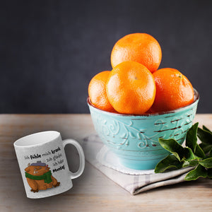 Freches Monster in orange Kaffeebecher mit lustigem Spruch
