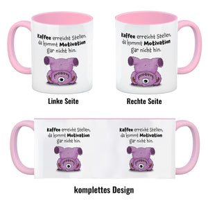 Freches Monster in rosa Kaffeebecher mit lustigem Spruch