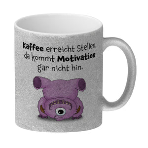 Freches Monster in rosa Kaffeebecher mit lustigem Spruch