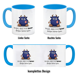 Freches Monster in dunkelblau Kaffeebecher mit lustigem Spruch