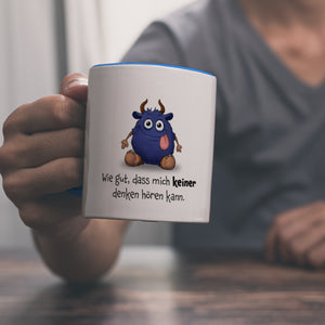 Freches Monster in dunkelblau Kaffeebecher mit lustigem Spruch