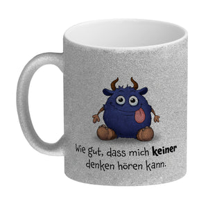 Freches Monster in dunkelblau Kaffeebecher mit lustigem Spruch