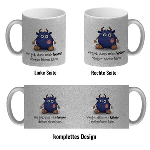 Freches Monster in dunkelblau Kaffeebecher mit lustigem Spruch