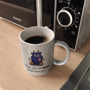 Freches Monster in dunkelblau Kaffeebecher mit lustigem Spruch