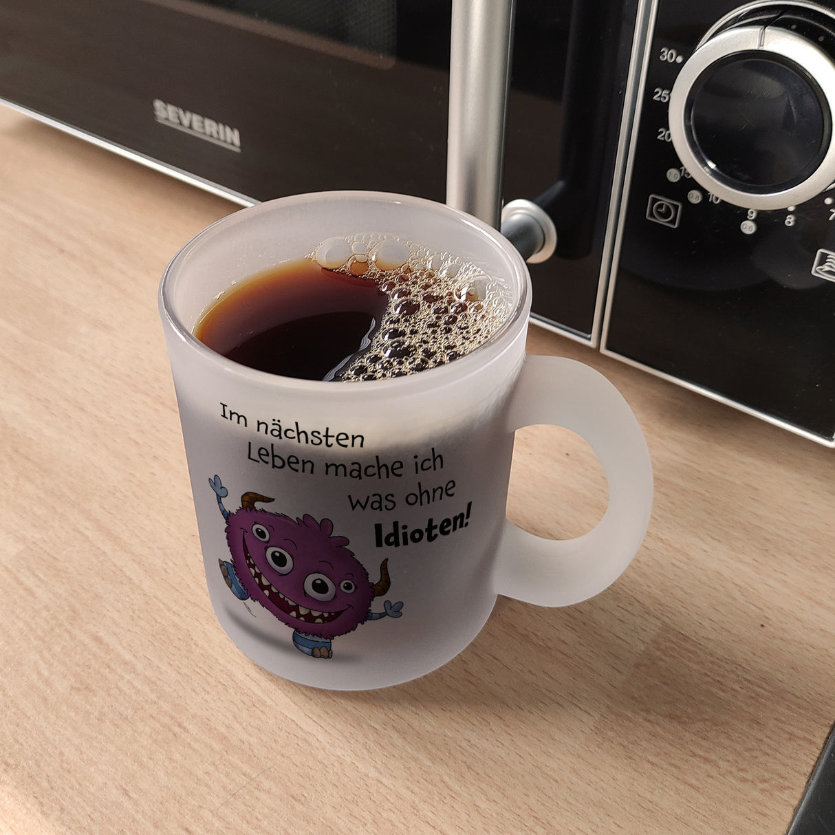 Freches Monster in pink Kaffeebecher mit lustigem Spruch