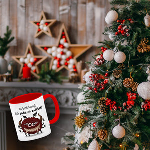 Freches Monster in dunkelrot Kaffeebecher mit lustigem Spruch
