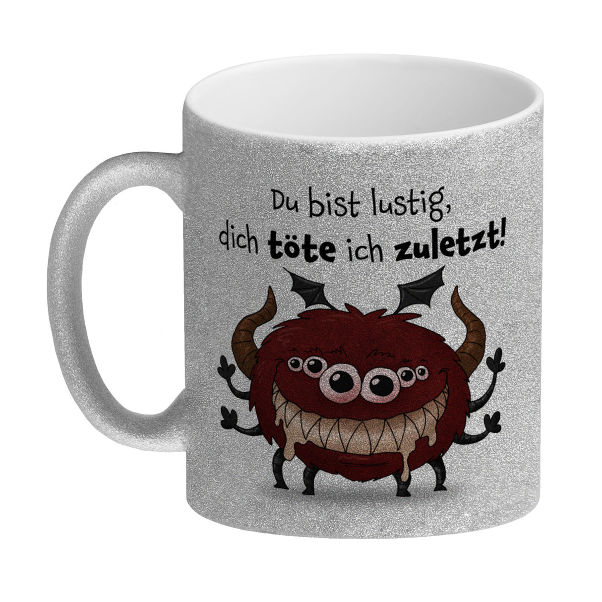 Freches Monster in dunkelrot Kaffeebecher mit lustigem Spruch