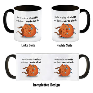 Freches Monster in orange Kaffeebecher mit lustigem Spruch