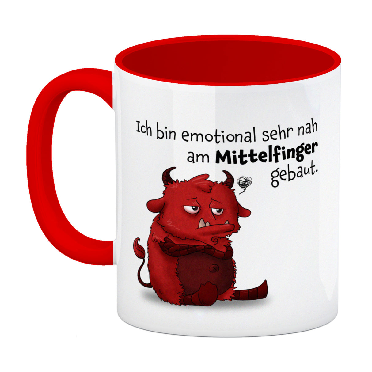 Freches Monster in hellrot Kaffeebecher mit lustigem Spruch