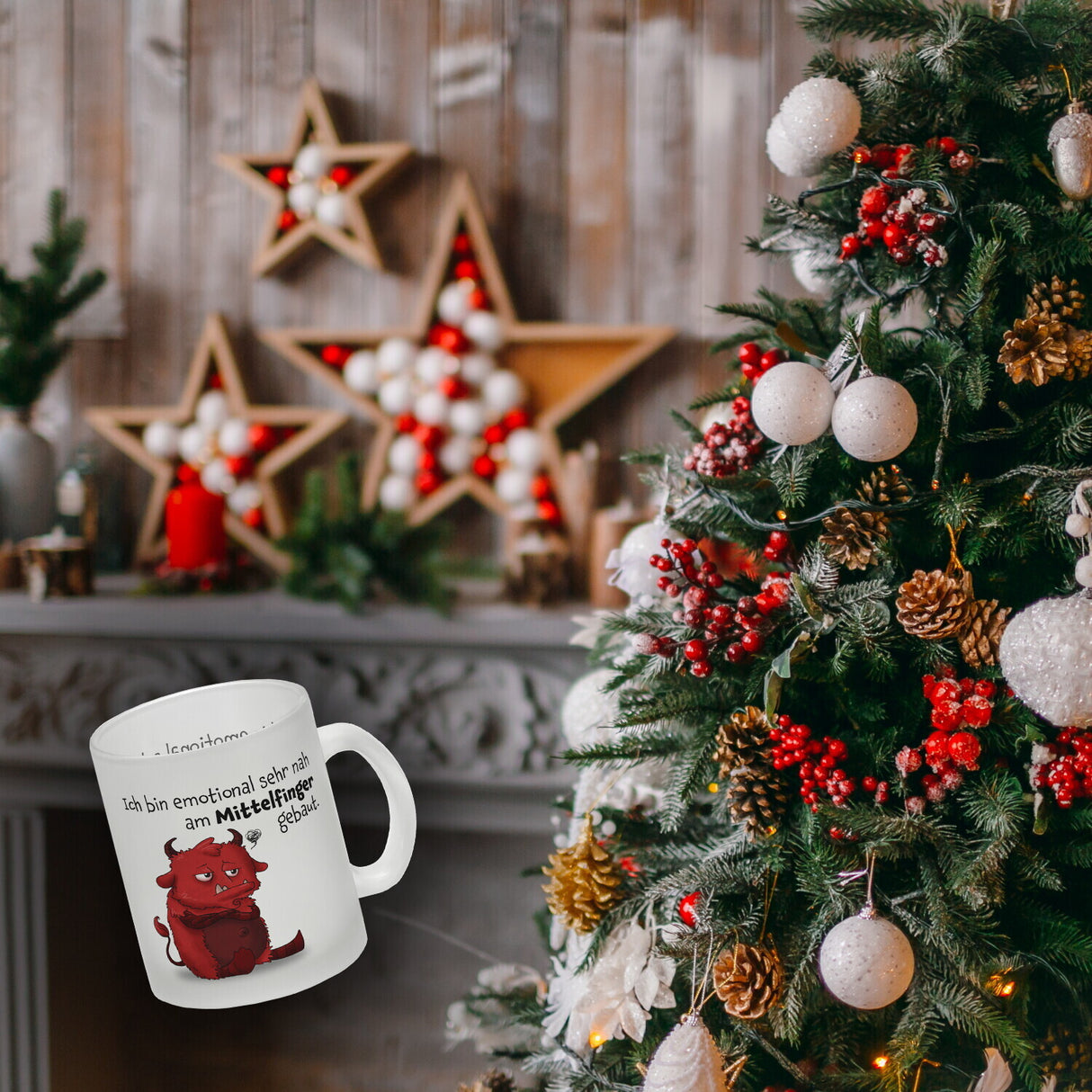 Freches Monster in hellrot Kaffeebecher mit lustigem Spruch