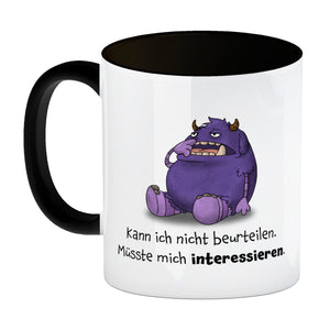 Freches Monster in lila Kaffeebecher mit lustigem Spruch