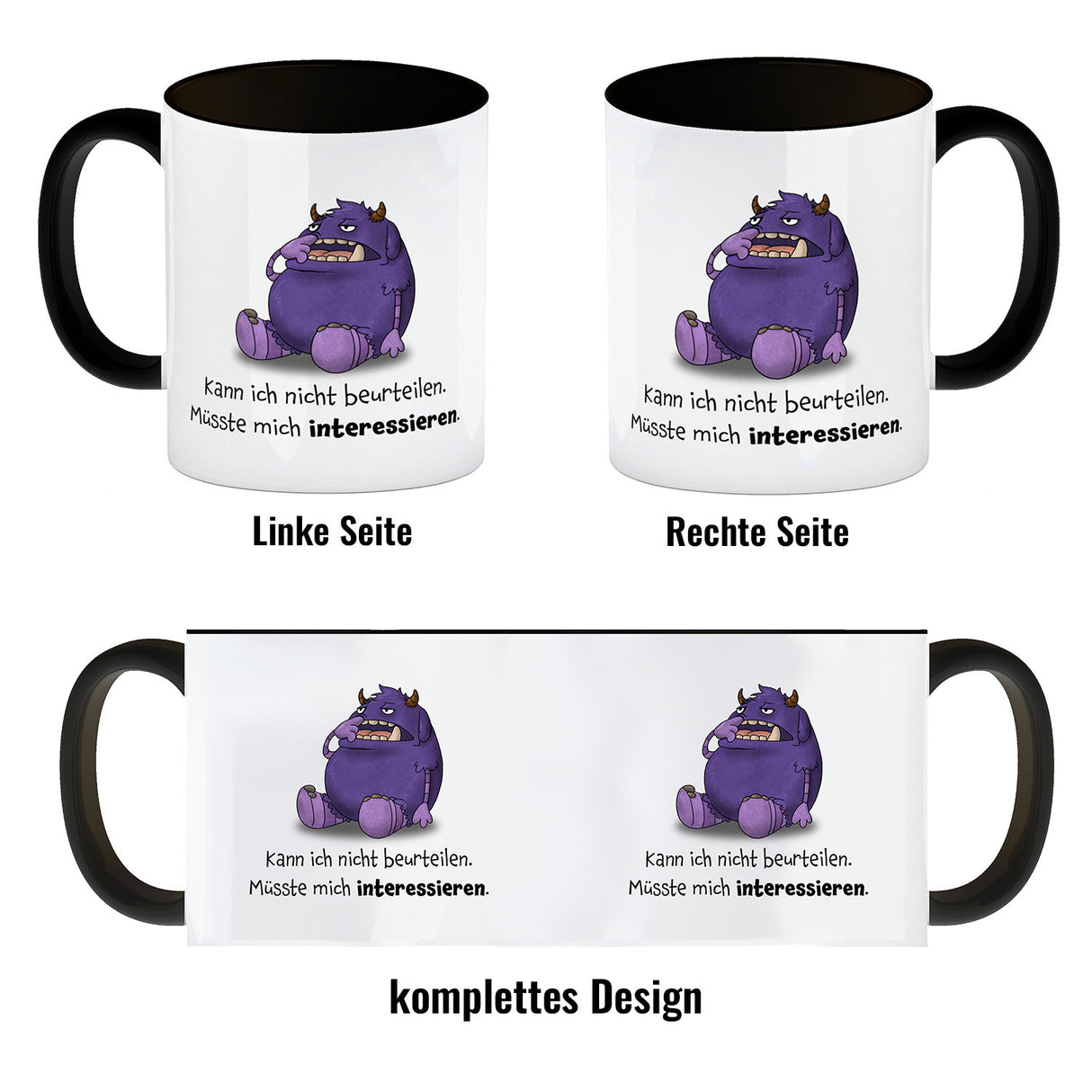 Freches Monster in lila Kaffeebecher mit lustigem Spruch