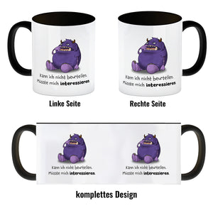 Freches Monster in lila Kaffeebecher mit lustigem Spruch