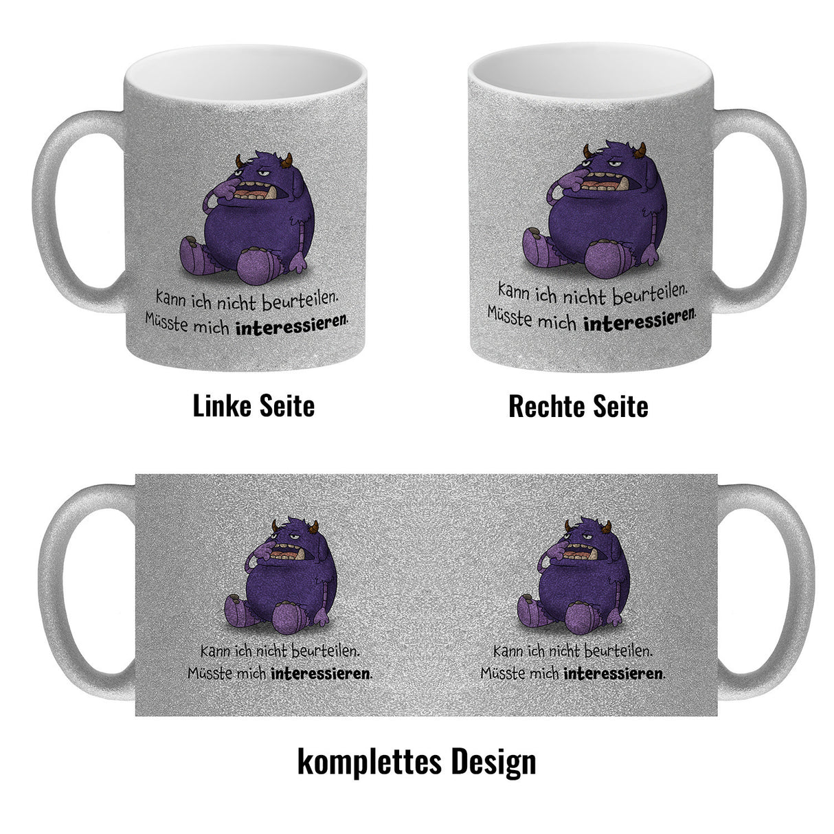 Freches Monster in lila Kaffeebecher mit lustigem Spruch