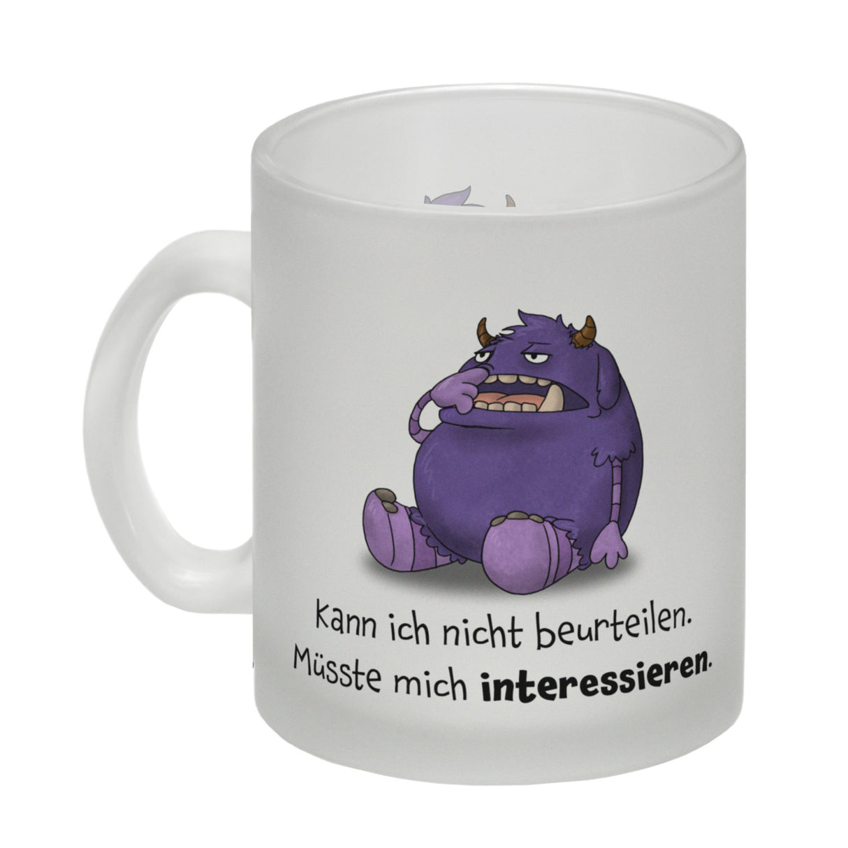 Freches Monster in lila Kaffeebecher mit lustigem Spruch