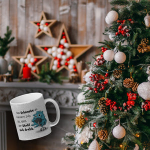 Freches Monster in hellblau Kaffeebecher mit lustigem Spruch