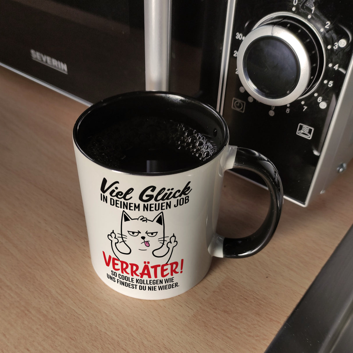 Viel Glück im neuen Job Verräter Mittelfinger Kaffeebecher mit frecher Katze