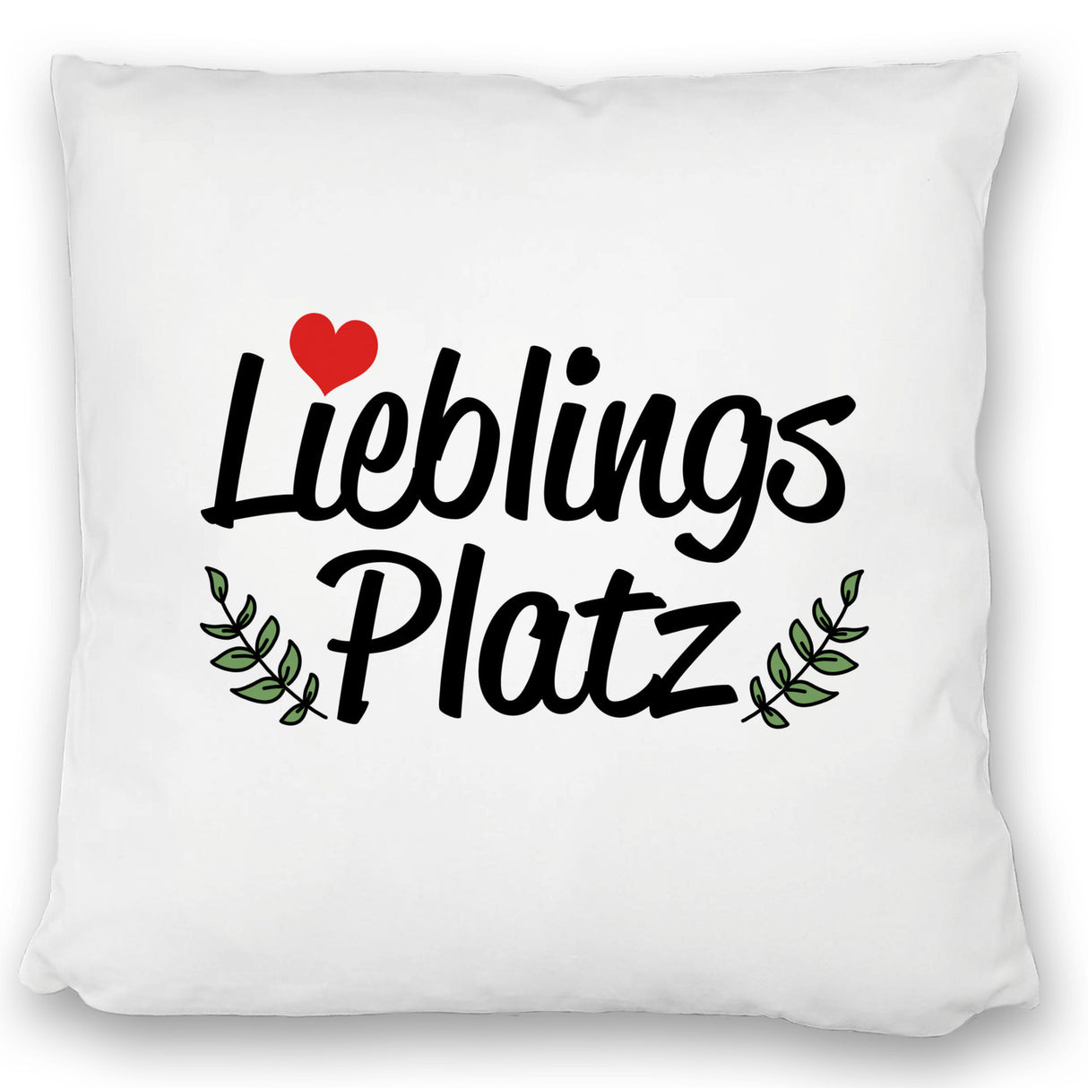 Lieblingsplatz Kissen mit rotem Herz und Blättern