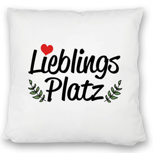 Lieblingsplatz Kissen mit rotem Herz und Blättern