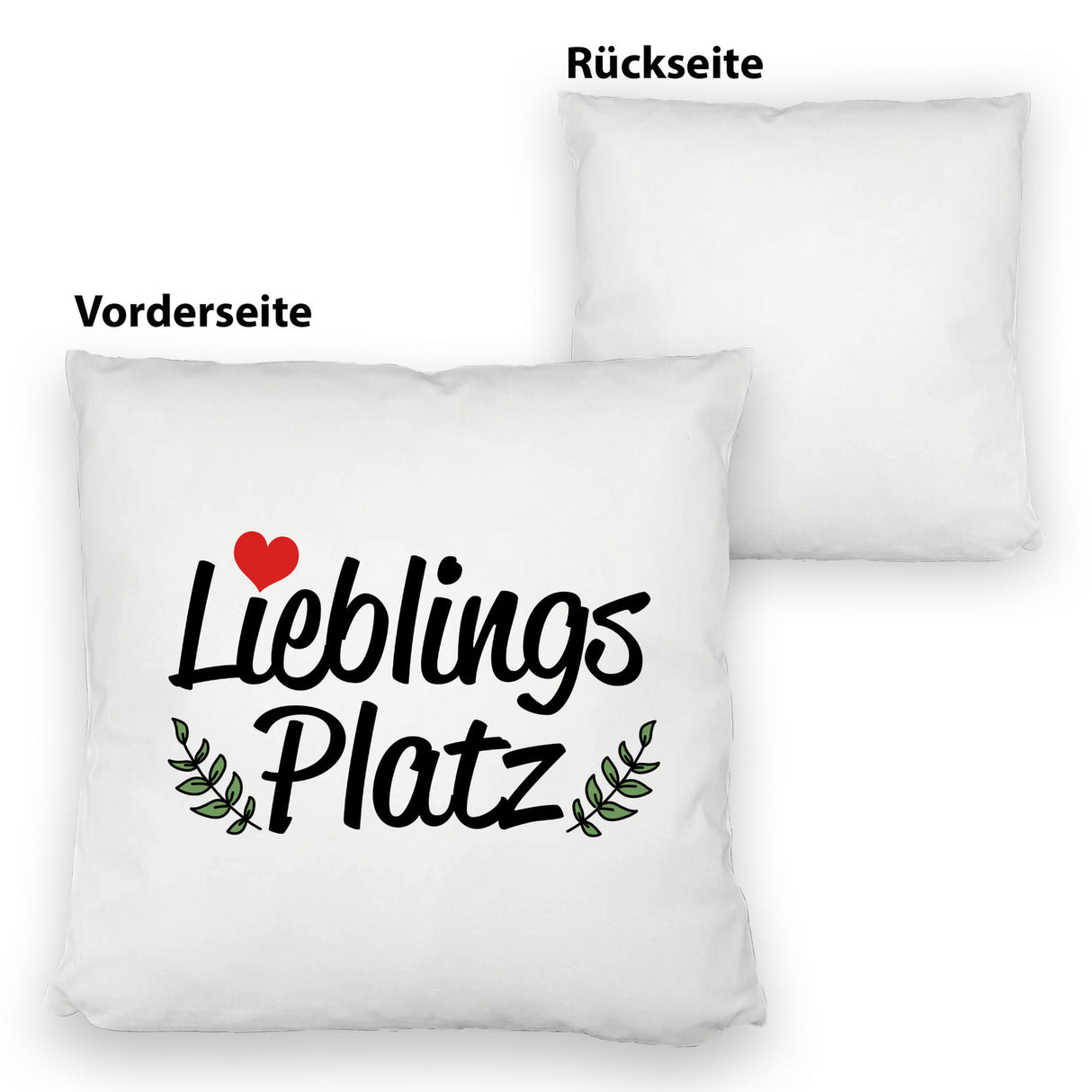Lieblingsplatz Kissen mit rotem Herz und Blättern