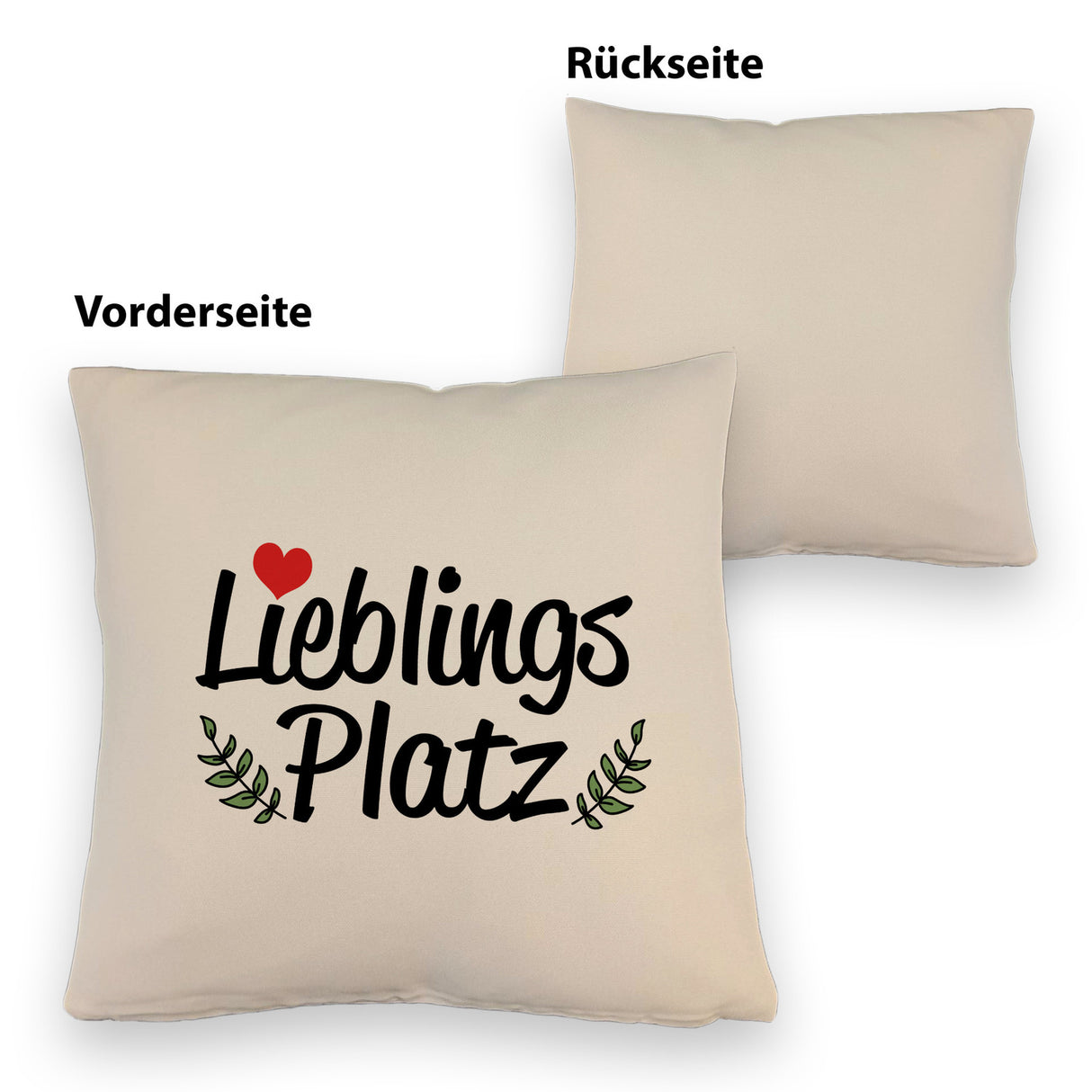 Lieblingsplatz Kissen mit rotem Herz und Blättern
