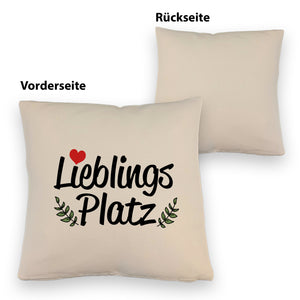Lieblingsplatz Kissen mit rotem Herz und Blättern