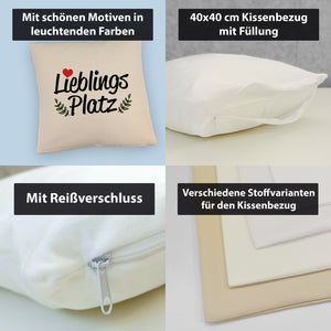 Lieblingsplatz Kissen mit rotem Herz und Blättern