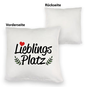 Lieblingsplatz Kissen mit rotem Herz und Blättern