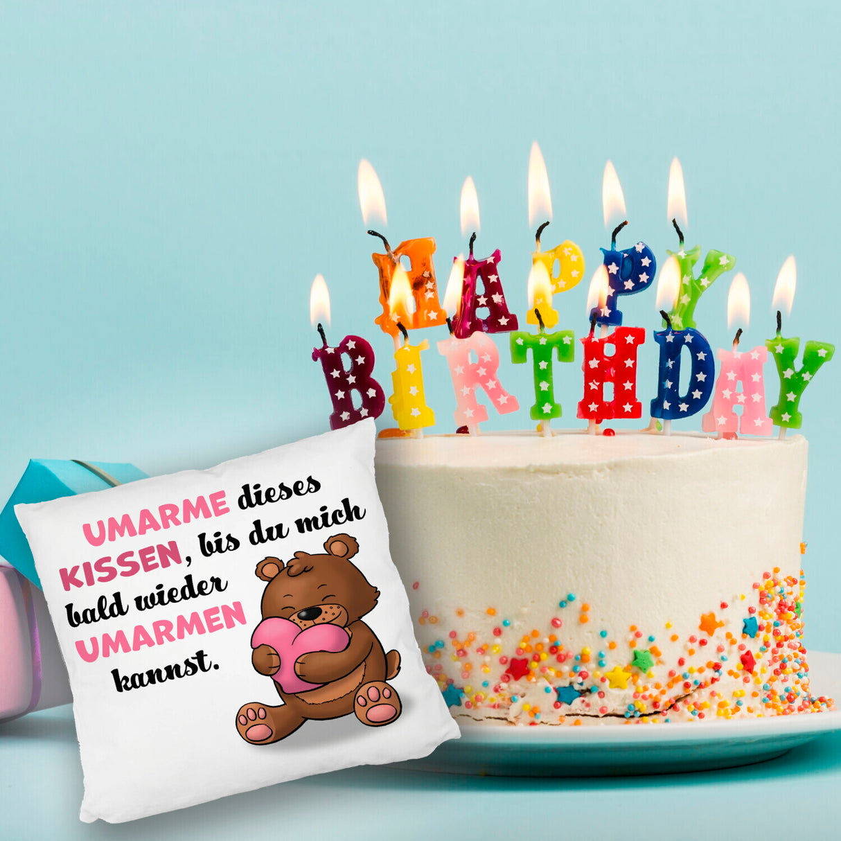 Bär Kissen mit Spruch- Umarme dieses Kissen bis ich da bin