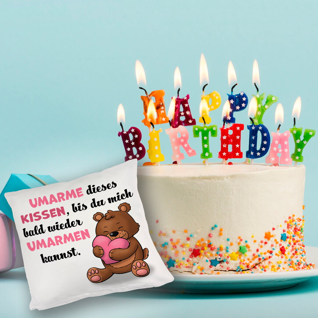 Bär Kissen mit Spruch- Umarme dieses Kissen bis ich da bin