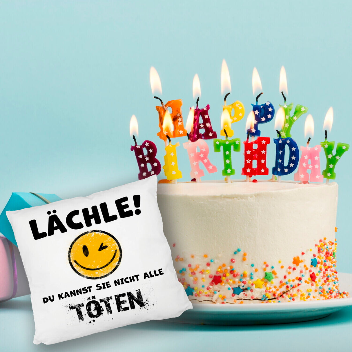 Emoticon Kissen mit Spruch - Lächle du kannst sie nicht alle töten