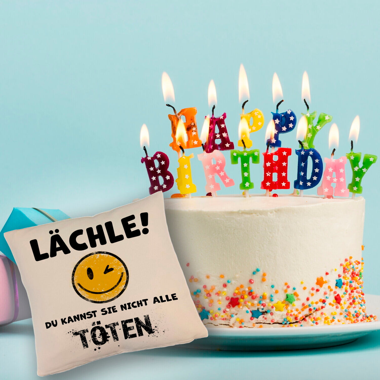 Emoticon Kissen mit Spruch - Lächle du kannst sie nicht alle töten